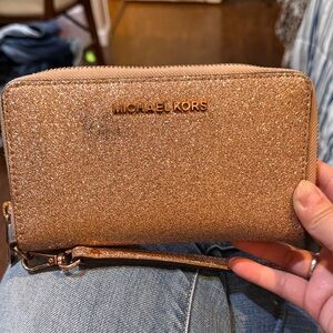 Michael Kors Rose Gold Glitter Zip-Around Wristlet Wallet